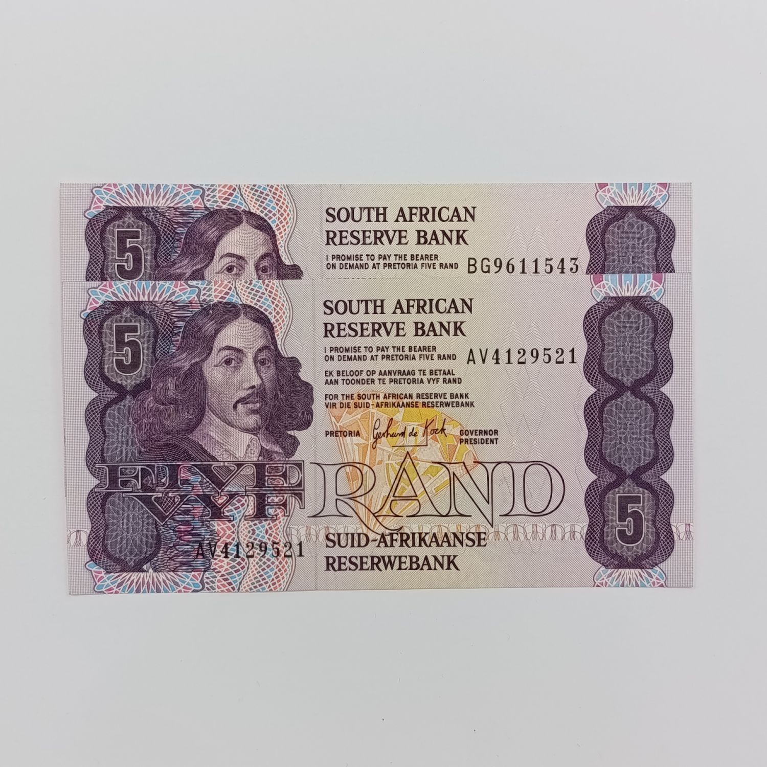 Banknotes SA 1989 &amp; 1990 GPC de Kock R5 notes uncirculated