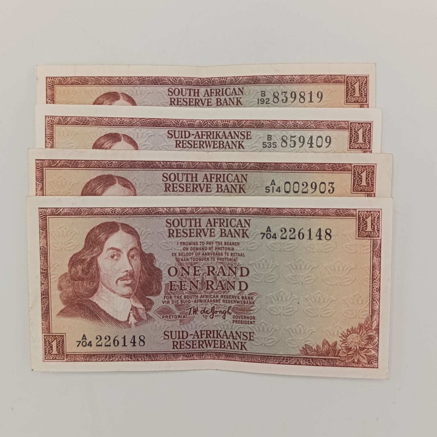 Full set of TW de Jongh R1 banknotes - all years Issued 1967, 1972, 1973 &amp; 1975