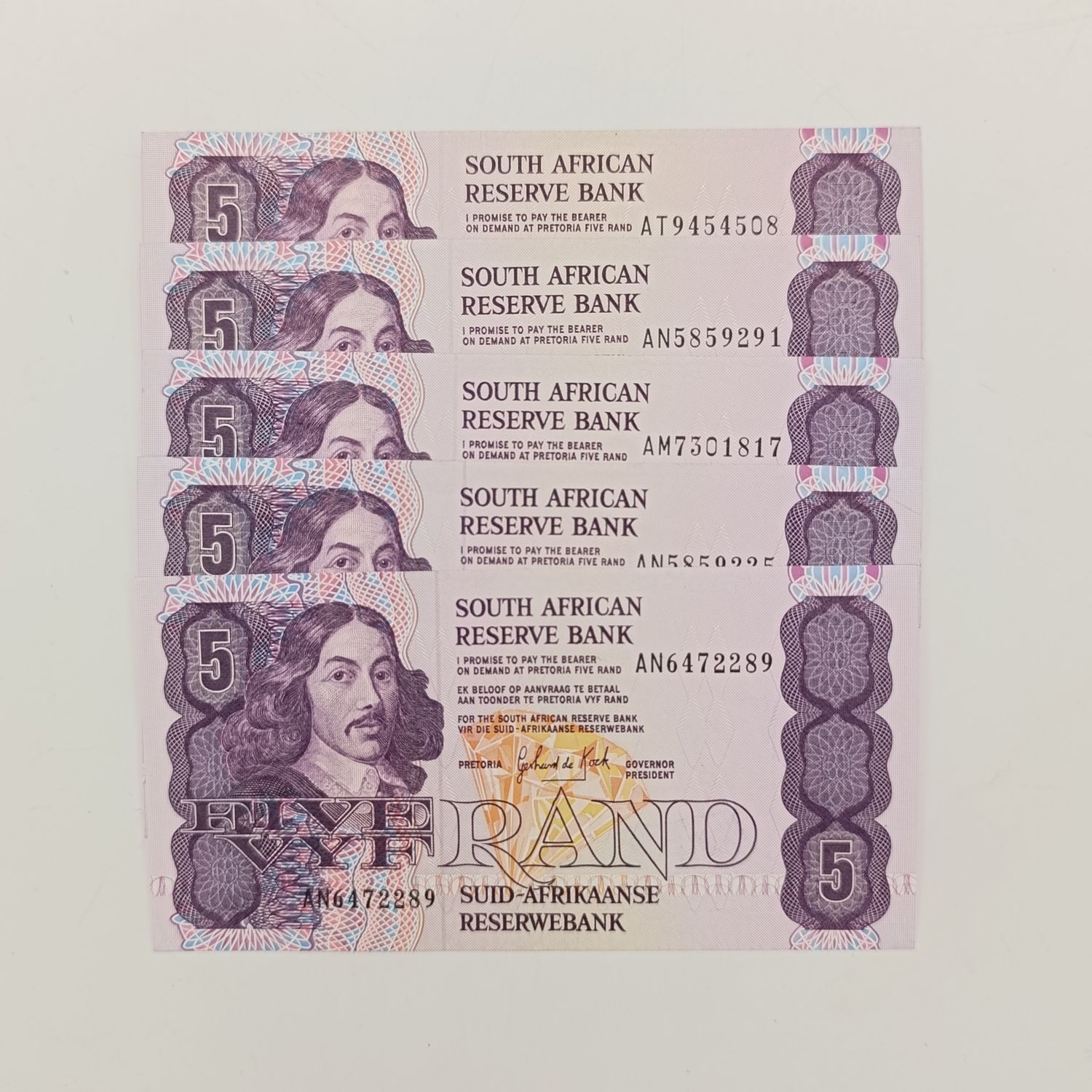 GPC de Kock 3rd Issue R5 notes - uncirculated - Lot of 5 - 1989 A numbers