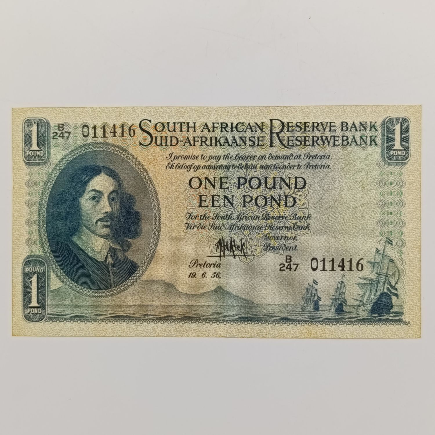 MH de Kock one pound 19-6-56 - E/A - B247 - AU with dents &amp; creases