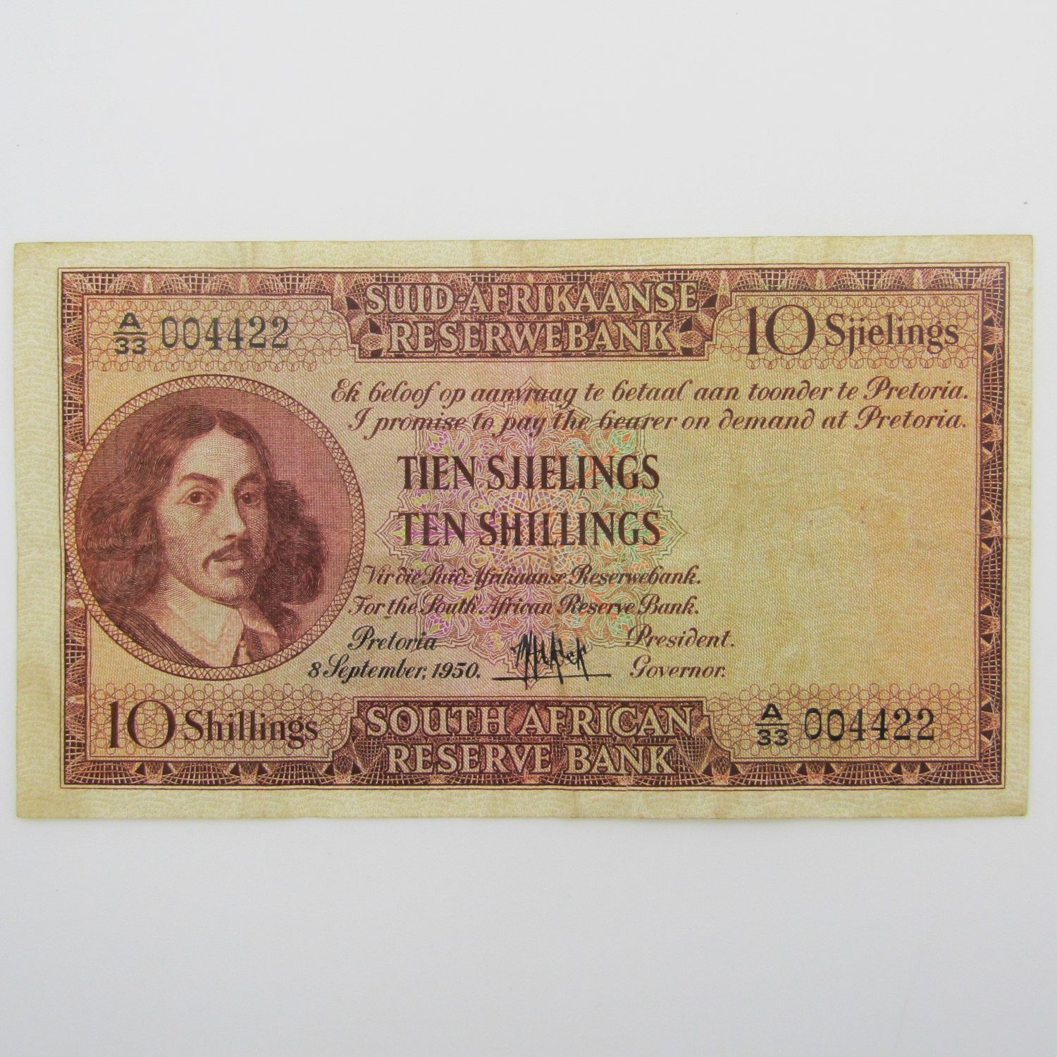 MH de Kock Ten Shillings 1950 - A/E - A33 - VF++ with number 004422