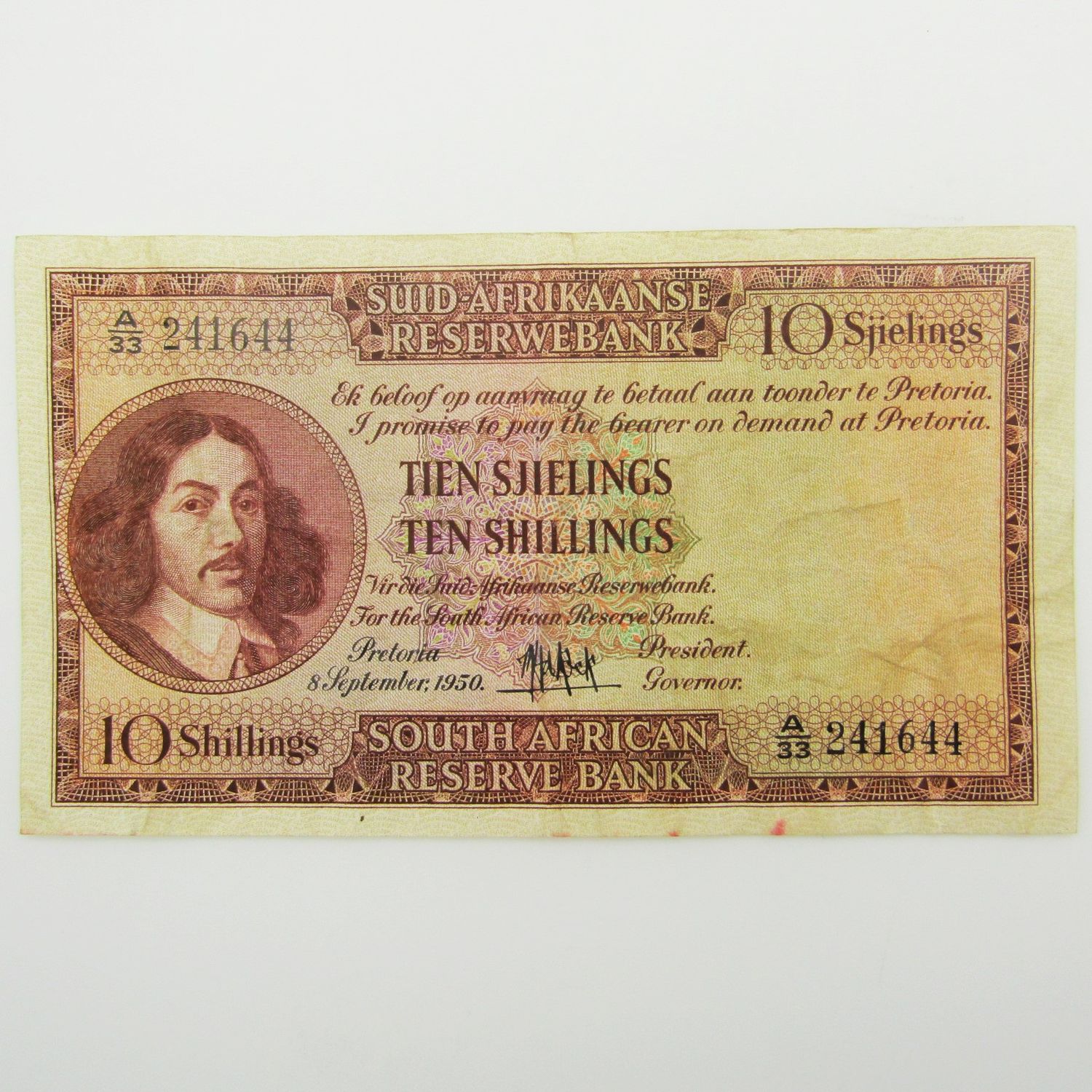 MH de Kock Ten Shillings 1950 - A/E - A33 - VF+