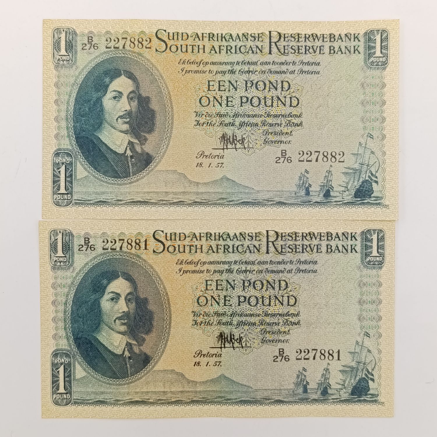 MH de Kock one pound 18-1-57 - A/E - B276 (2 consecutive notes) UNC - slight denting