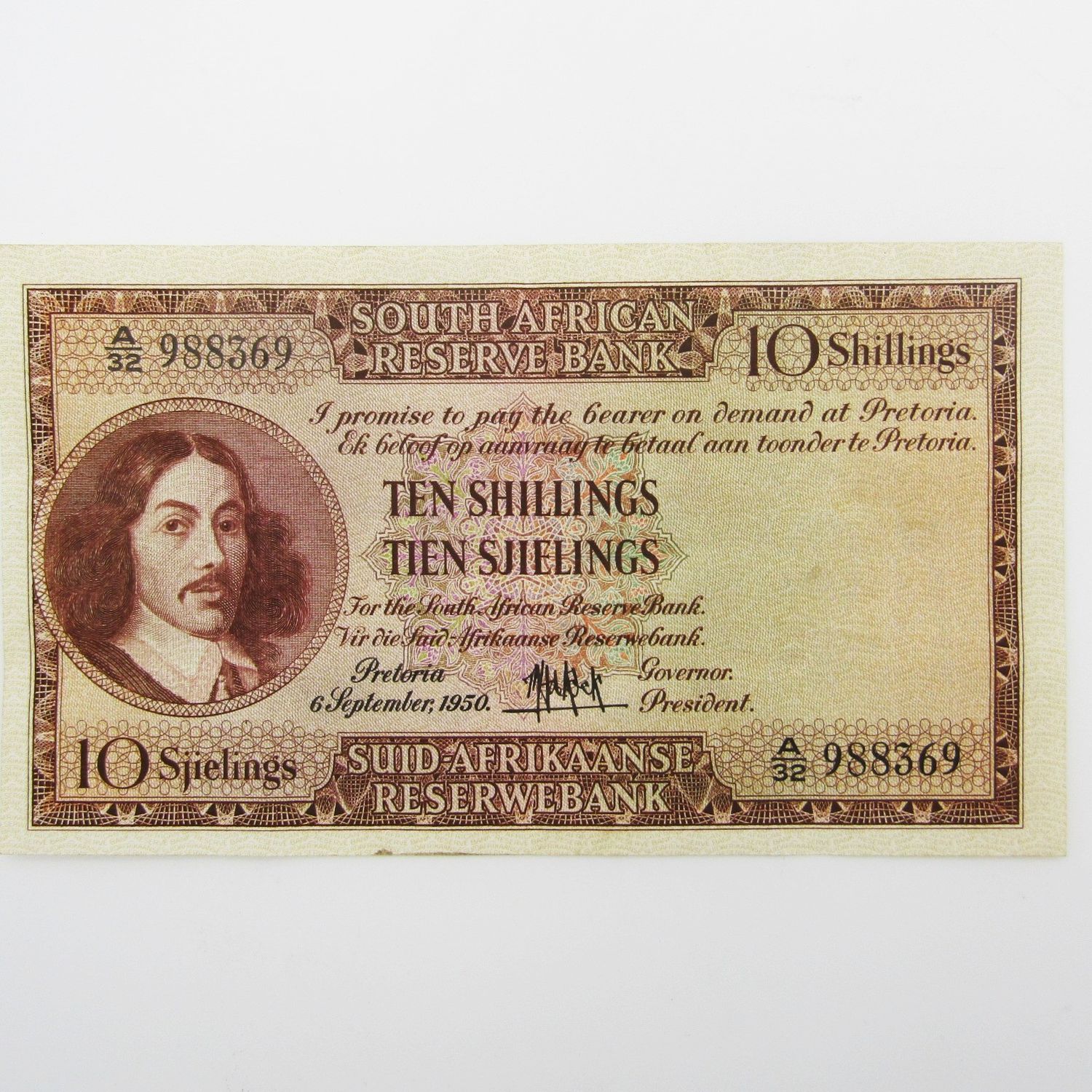 MH de Kock Ten Shillings 1950 - E/A - A32 - EF+ with creases