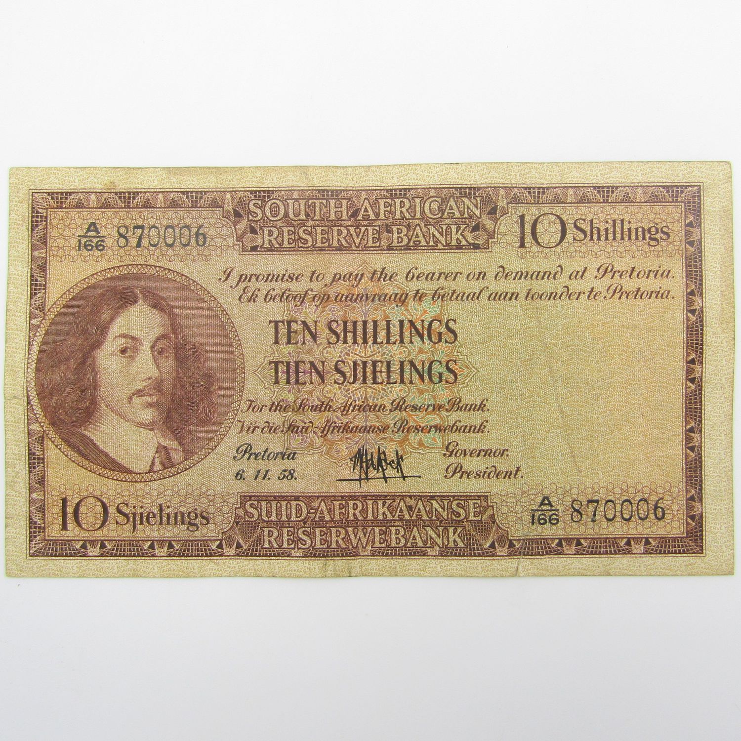 MH de Kock Ten Shillings 1958 - E/A - A166 - Small side &amp; bottom tears - aVF