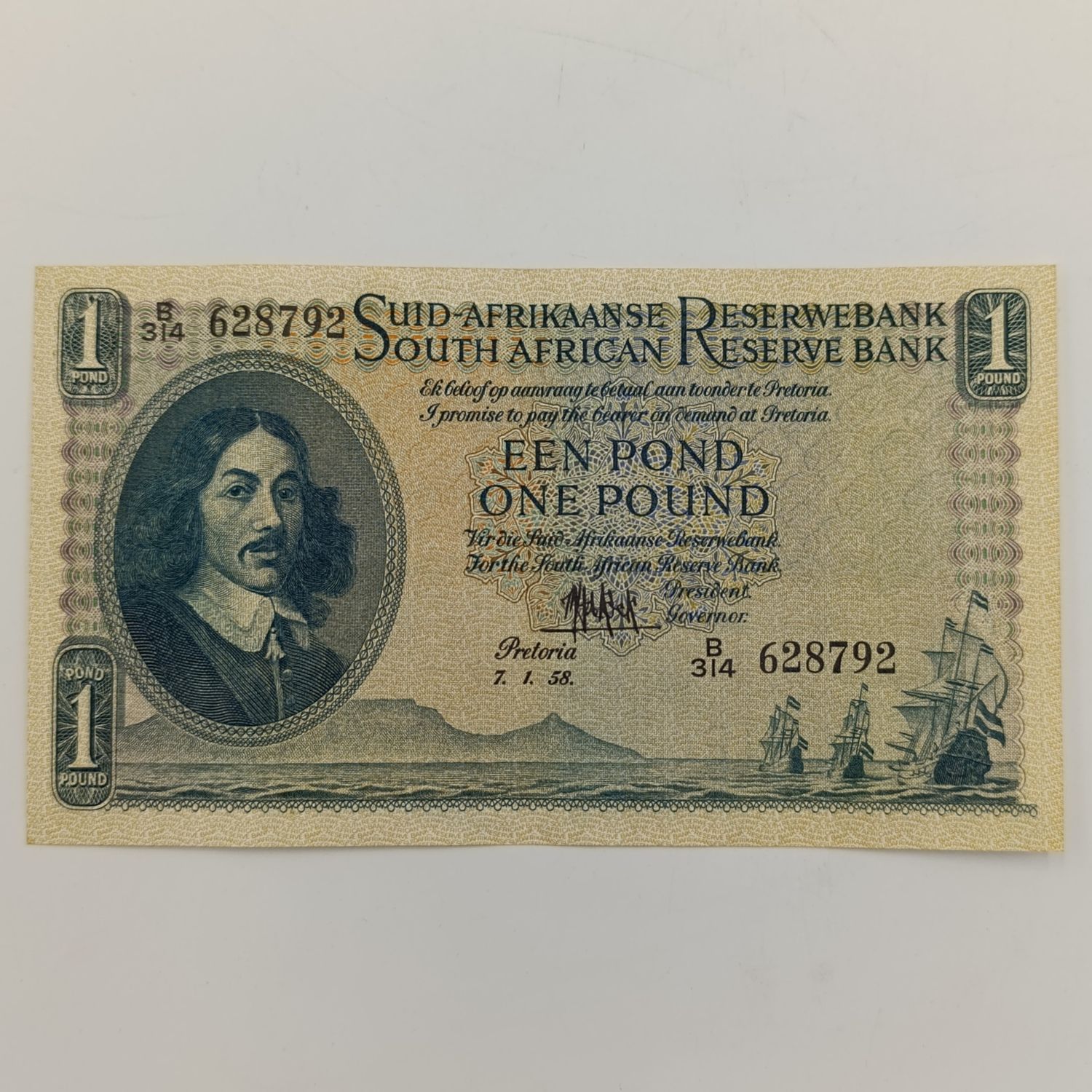 MH de Kock one pound 7-1-58 - A/E - B314 - UNC with some dents
