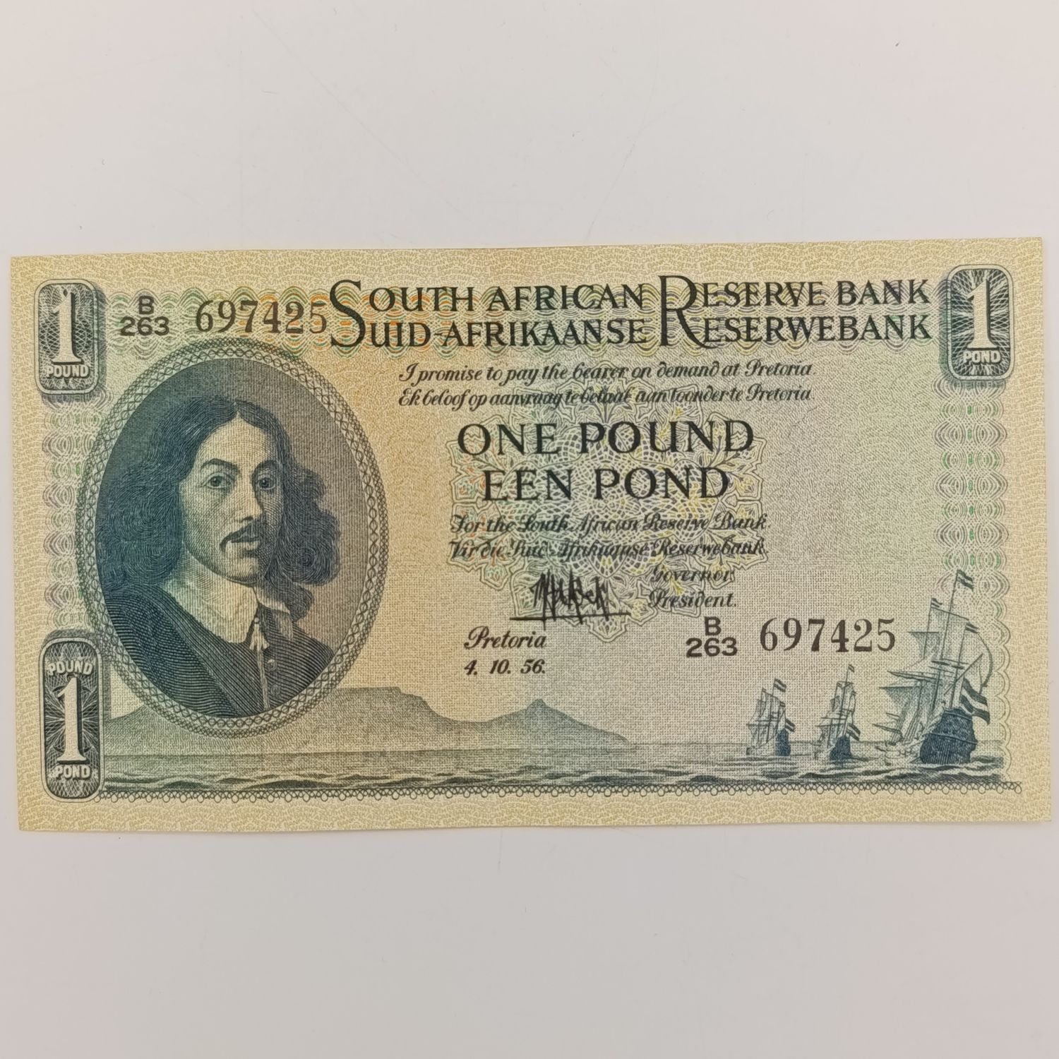 MH de Kock one pound 4-10-56 - E/A - B263 - UNC with slight creases
