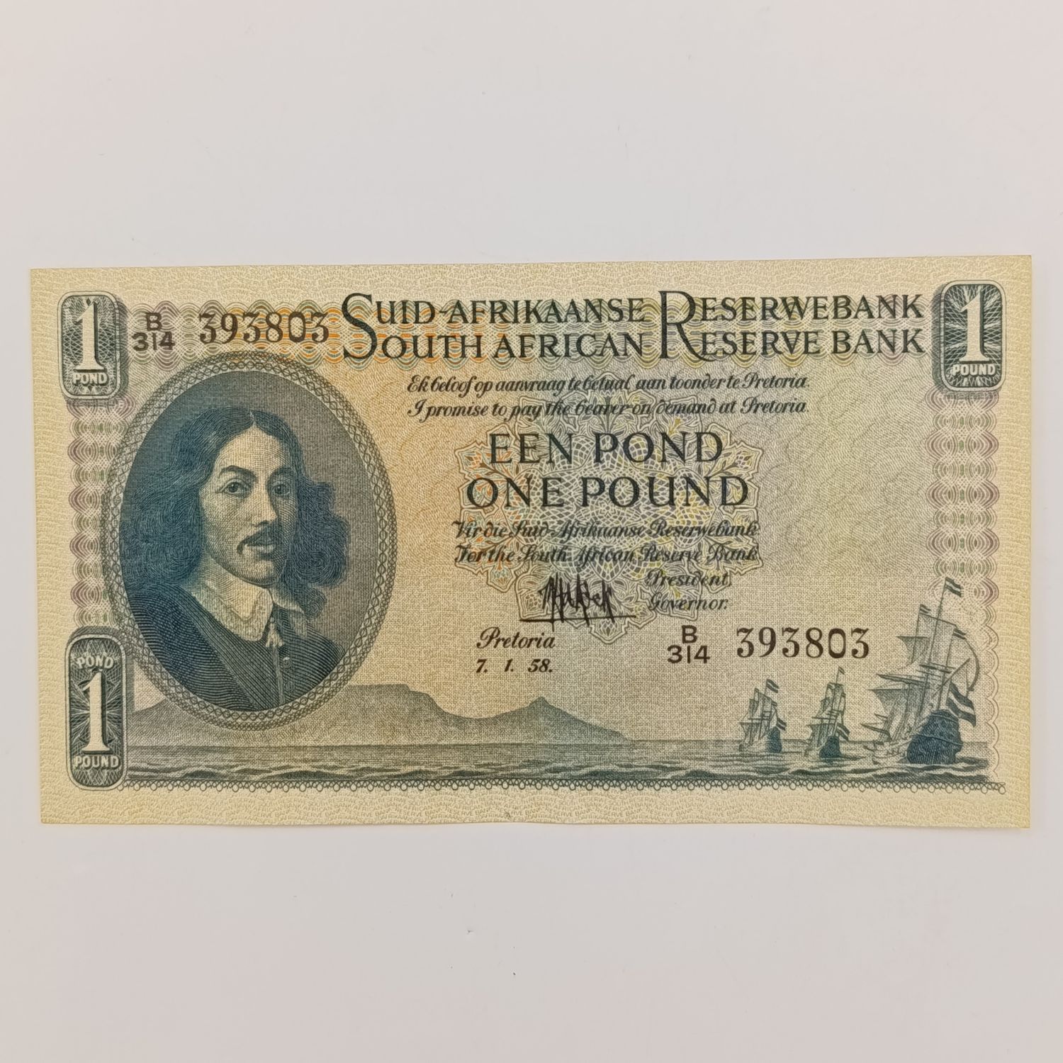 MH de Kock one pound 7-1-58 - A/E - B314 - UNC- some dents
