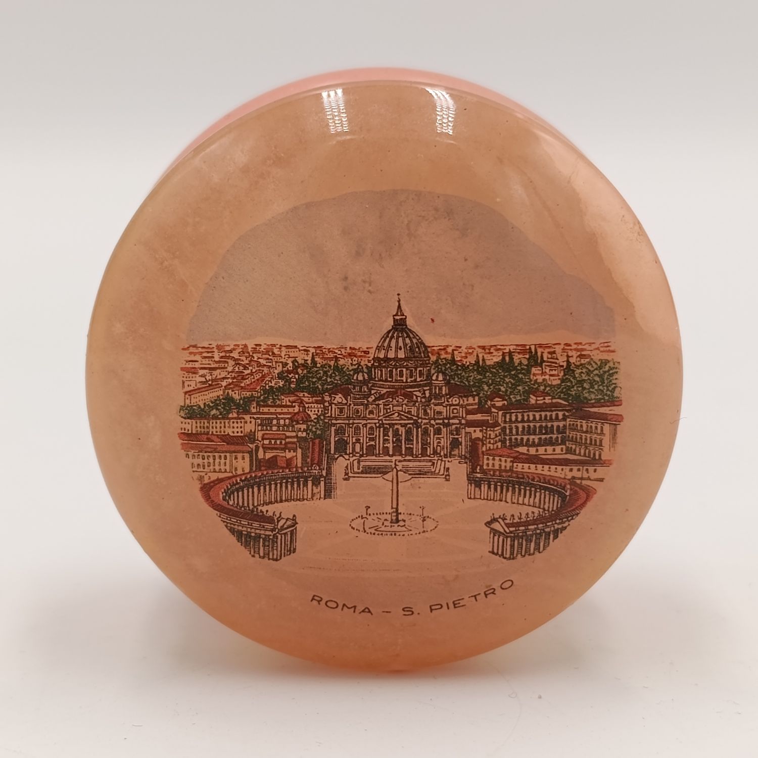 Vintage pink alabaster trinket holder with picture of Rome on lid