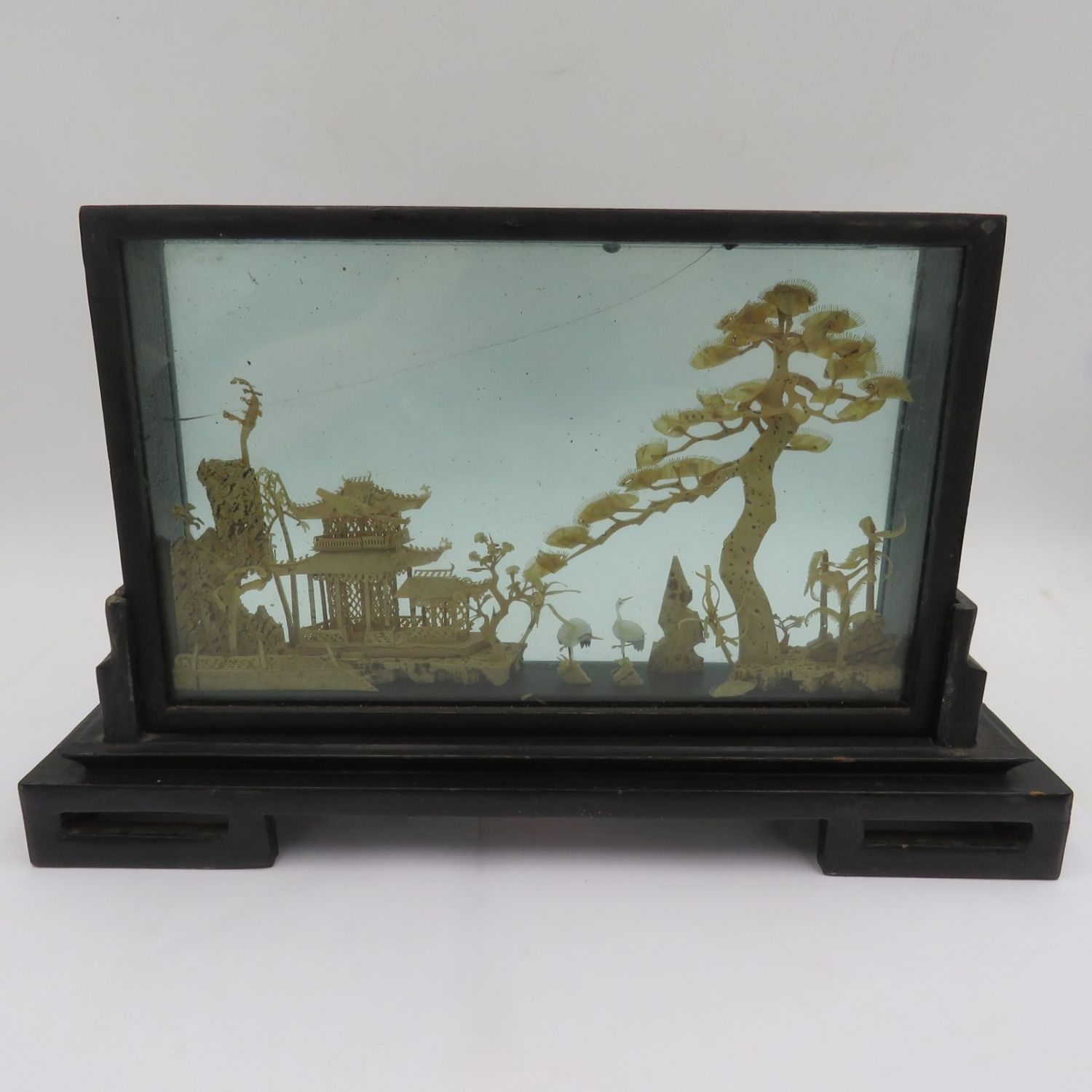 Vintage Chinese Cork artwork in glass case - glass cracked