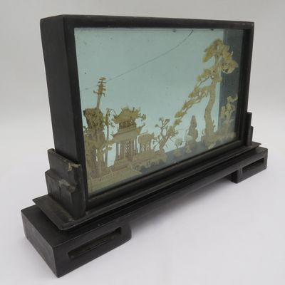 Vintage Chinese Cork artwork in glass case - glass cracked