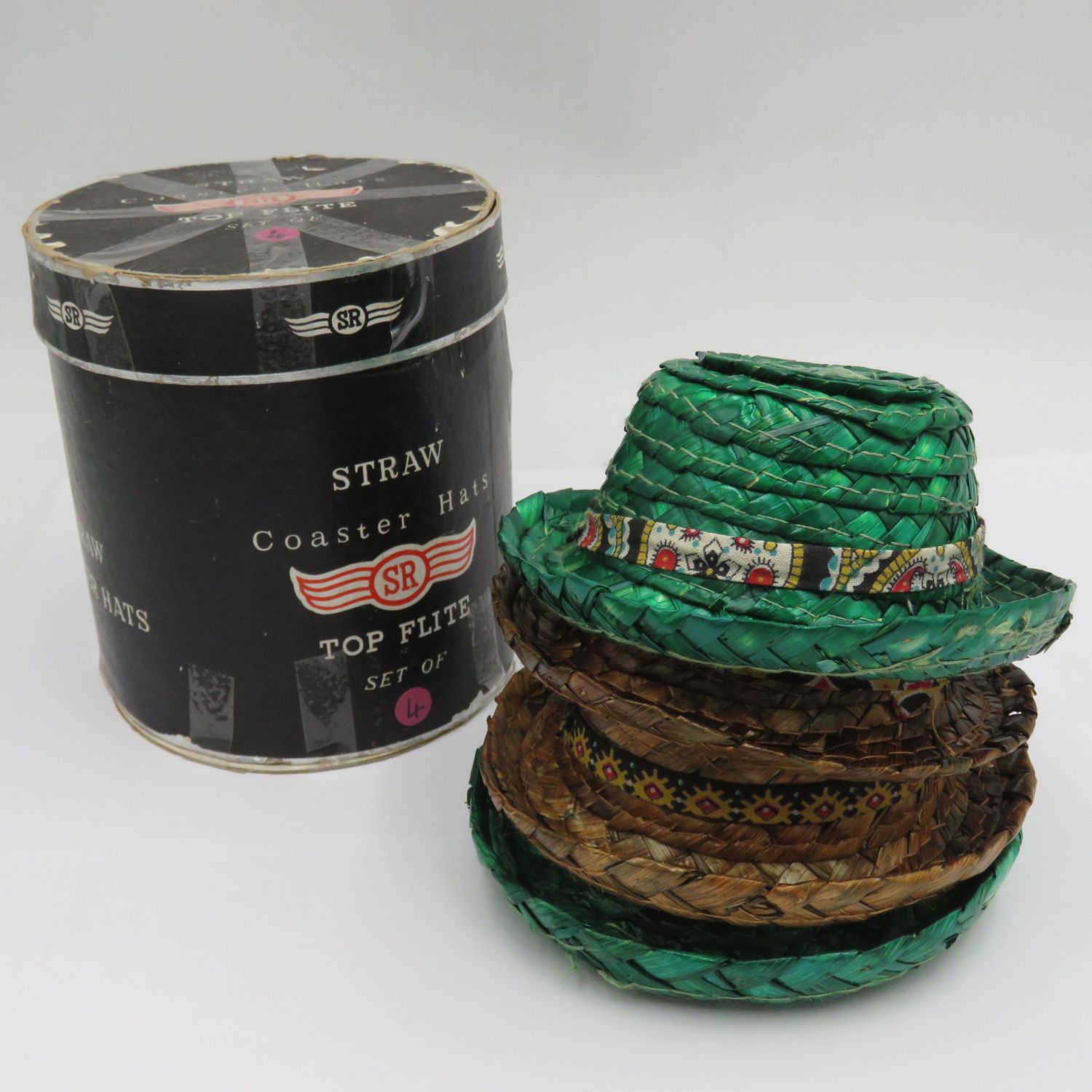 Vintage Top Flite set of 4 straw coaster hats in box - circa 1960&#39;s