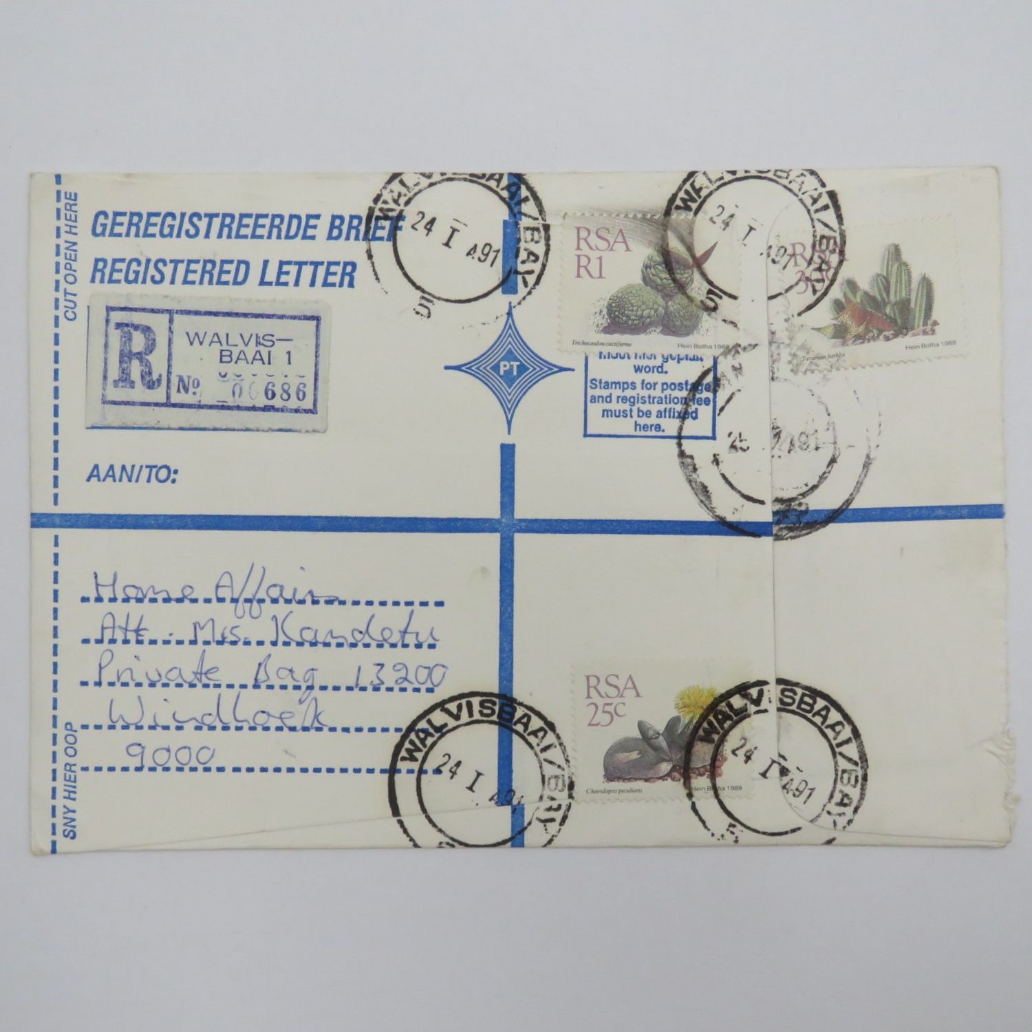 Registered letter sent from Walvis Bay on 2 Jan 1991 - Namibia became independent on 21 March 1990 but RSA stamps was used on this letter and cancelled in Walvis Bay because Walvis Bay remained under
