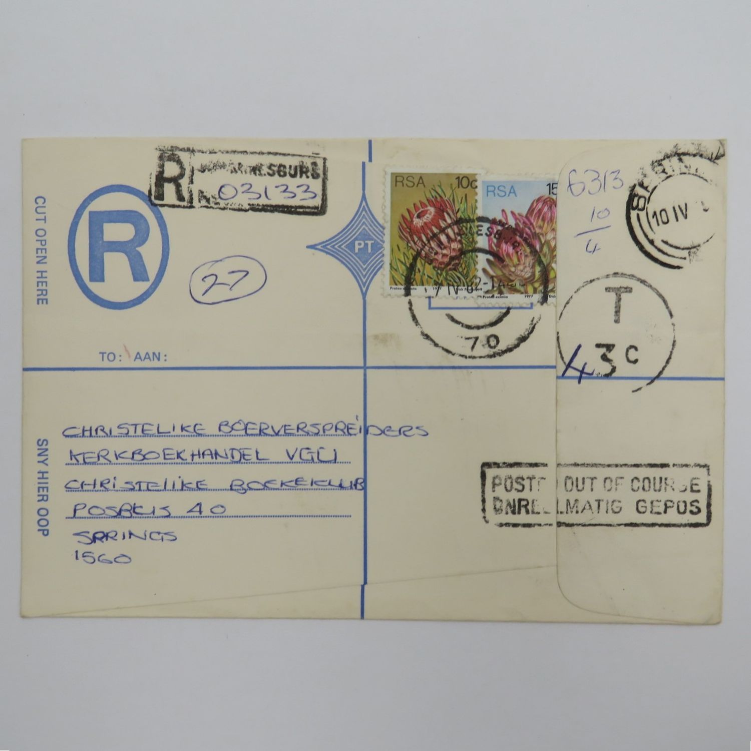 Registered cover posted from Johannesburg to springs with 2 protea stamps - Taxed with 3c rubber stamp and posted out of course rubber stamp