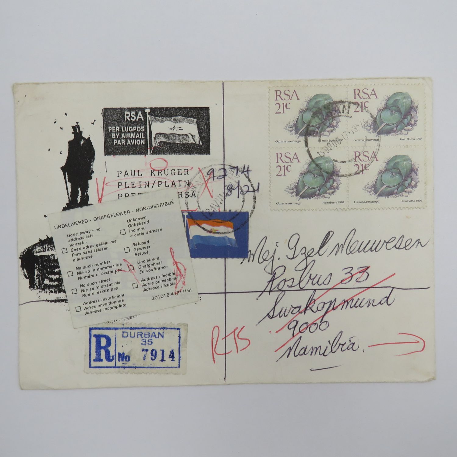 Letter on Paul Kruger Plein Stationary set from Durban to Swakopmund and returned to sender in Brits, RSA , Rubber stamp at back and 4 stamps on front and 2 at back - airmail and other labels