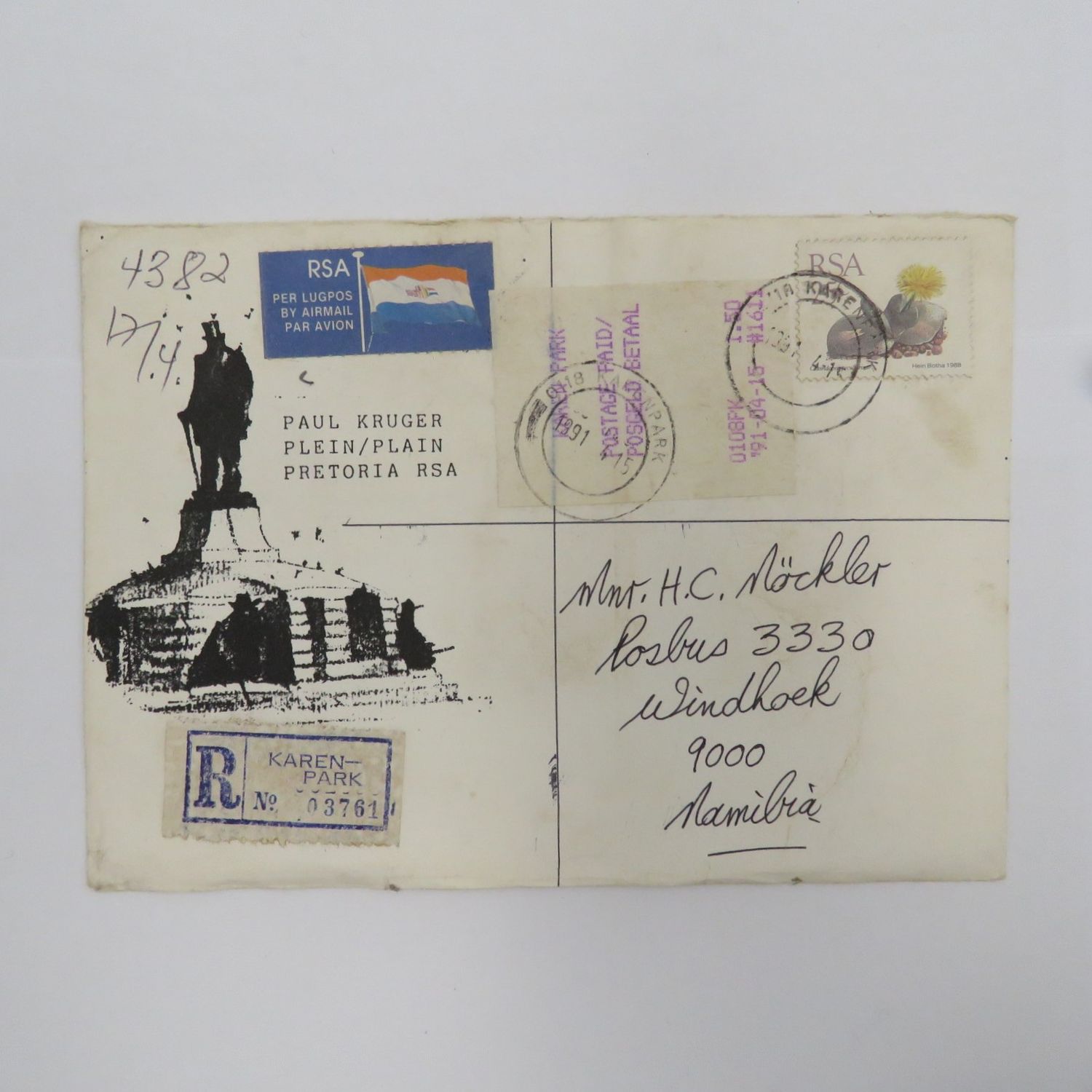 Registered letter airmail from Karenpark, South Africa to Windhoek, Namibia on Paul Kruger Plein stationery with franking label. And 8 stamps on back and one on front -all cancelled -receiving stamp 1