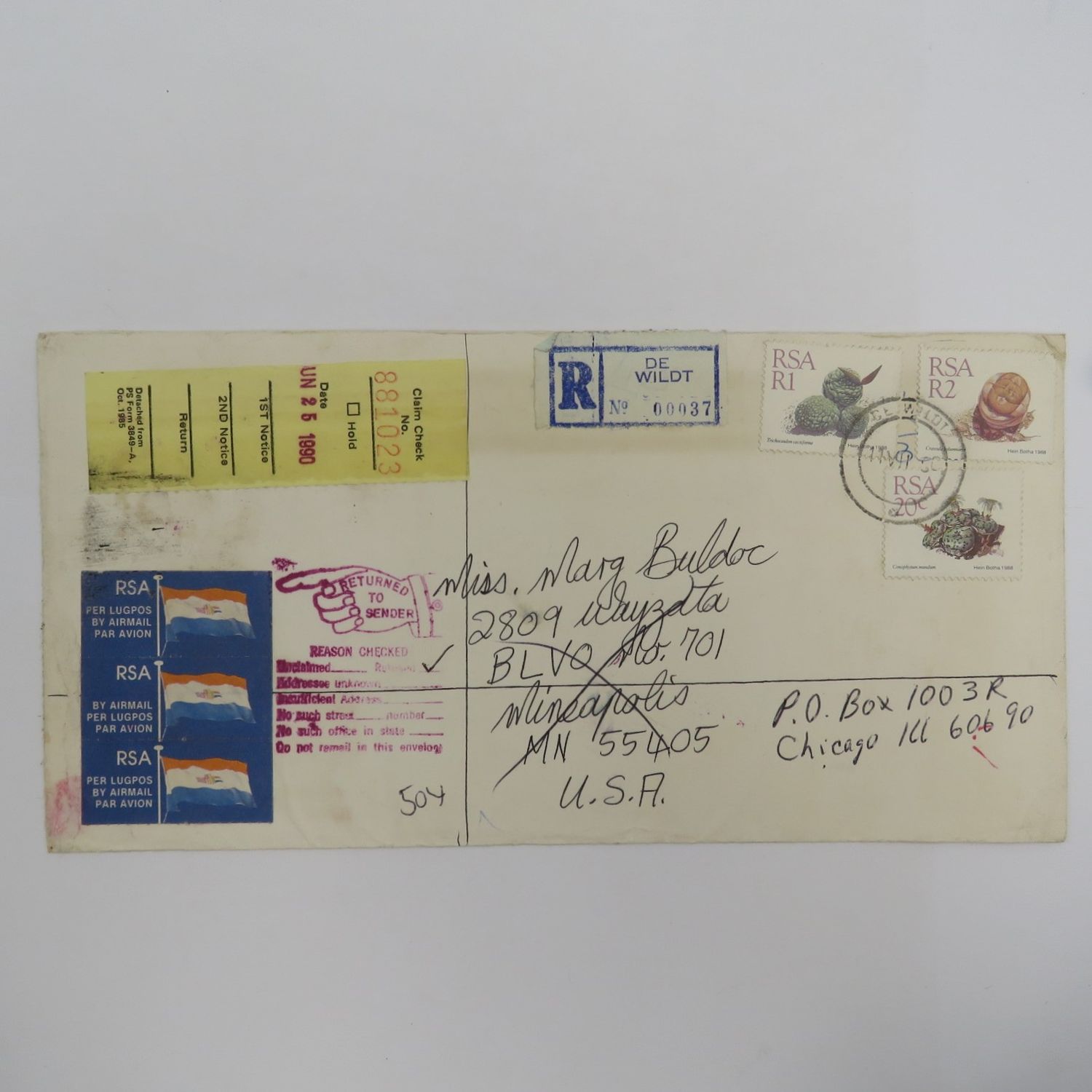 Postal cover from Dewildt, South Africa to Mineapolis, USA, the forwarded to Chicago, USA and returned to Sender in Brits, South Africa - with 3 RSA stamps and 3 airmail labels, return to sender rubbe
