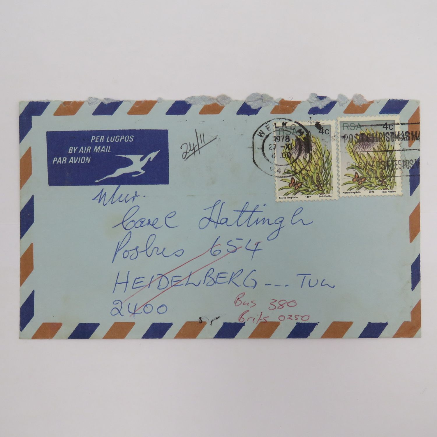 Postal cover from Welkom to Heidelberg Tvl on 27-11-1978 with 2 stamps printed off-center and envelope forwarded to Brits from Heidelberg
