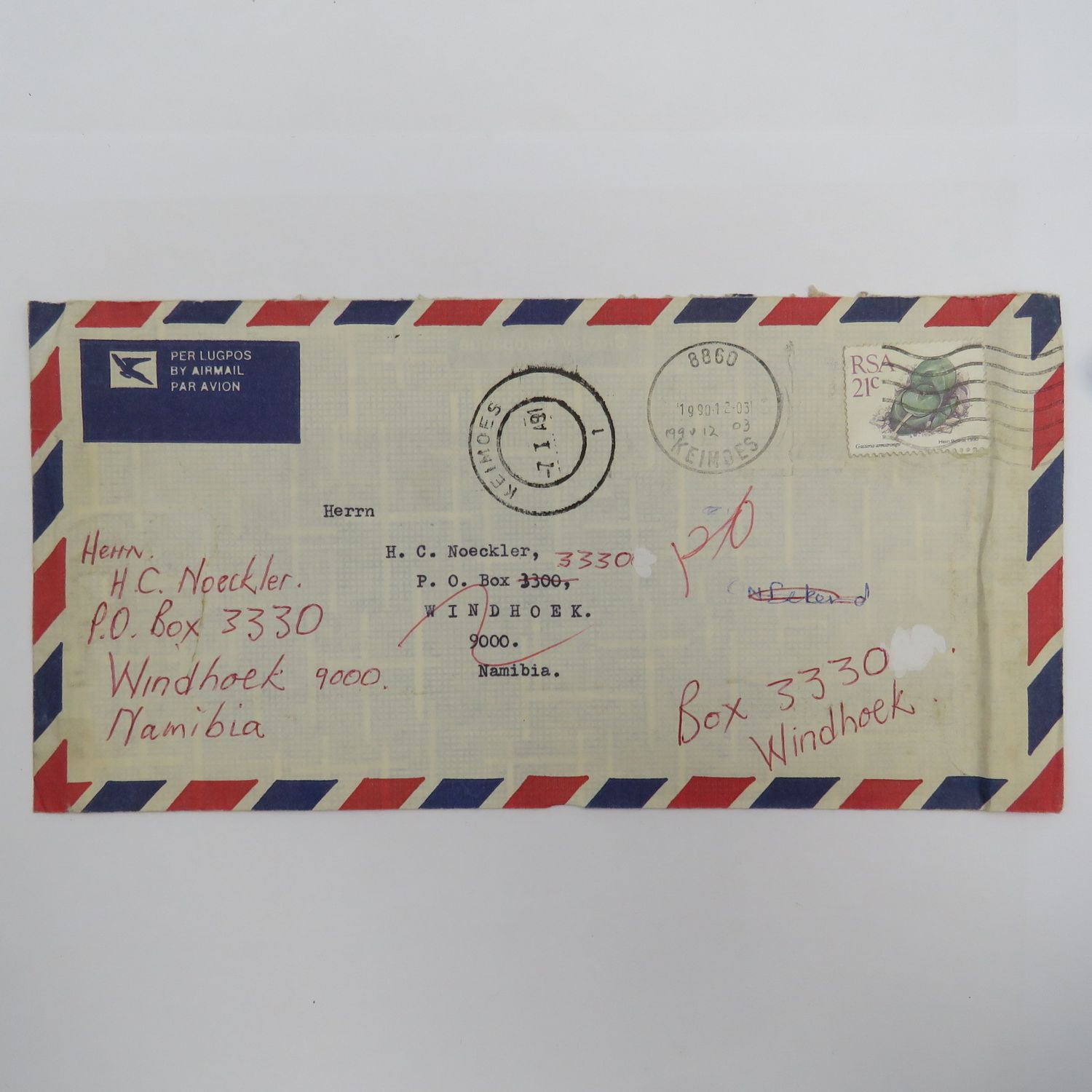Letter posted Keimoes, South Africa to Windhoek Namibia on 3-12-1990 - returned to Keimoes and posted again on 7 January 1991 to the correct Windhoek P.O.Box