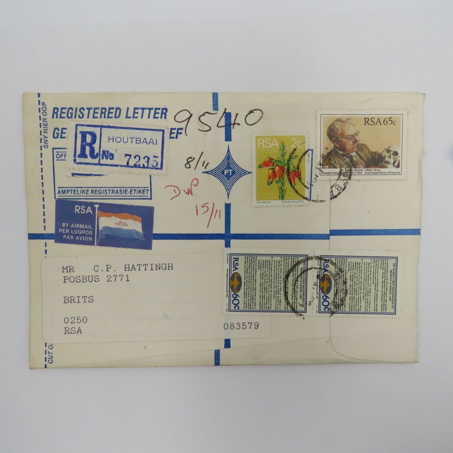 Preprinted registered letter sent from Houtbaai to Brits - South Africa 1973 &amp; 1991 stamps used - with airmail tag - posted 1991