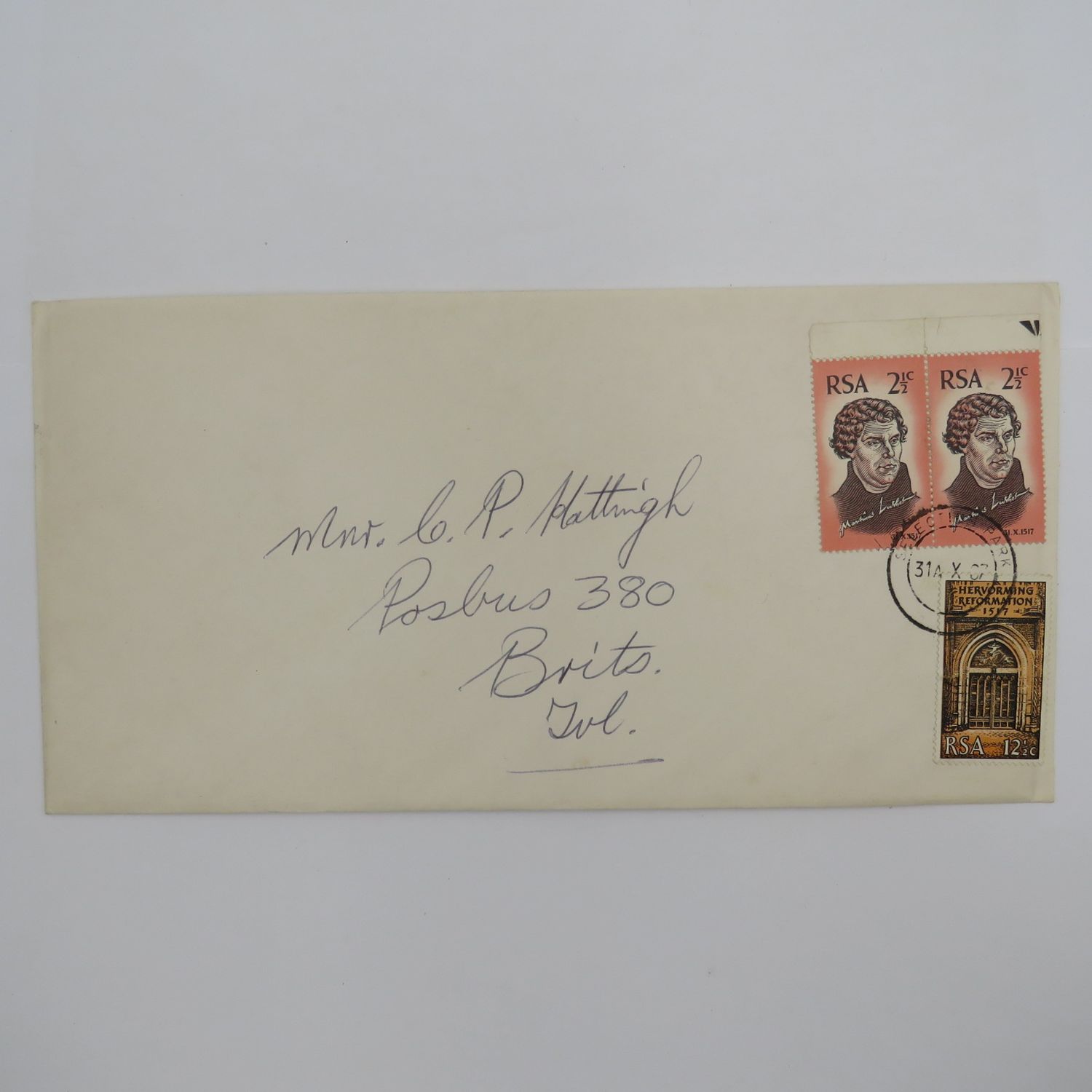 First day usage of 31 Oct 1967 Martin Luther stamps send from selection park to Brits Tvl