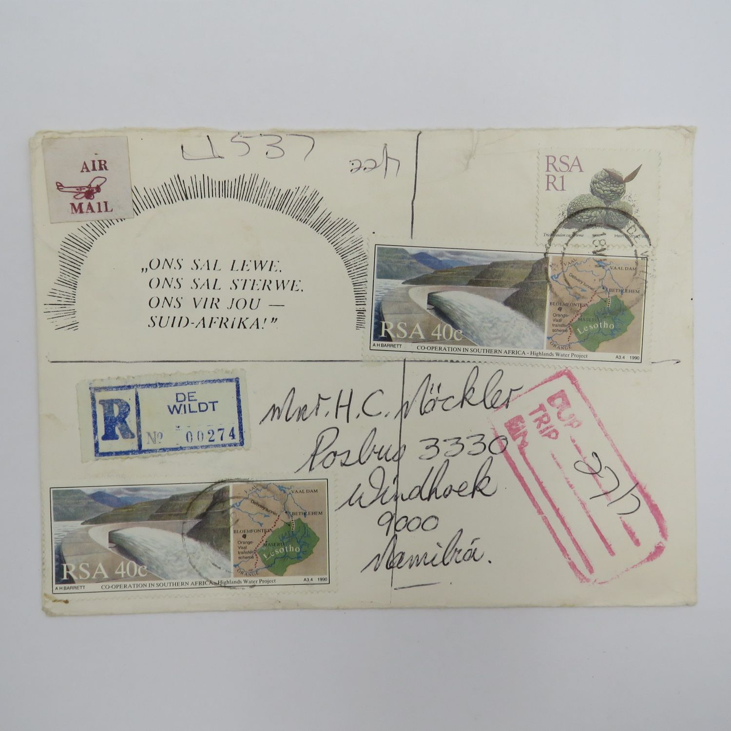 Registered airmail send from De Wildt, South Africa to Windhoek Namibia on special envelope 18-12-1990