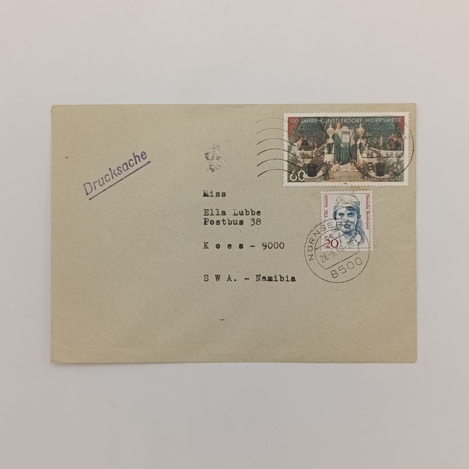 Postal cover posted from Nurnberg, Germany to Koes, South West Africa 28 - May 1990 with Drucksache rubber stamp
