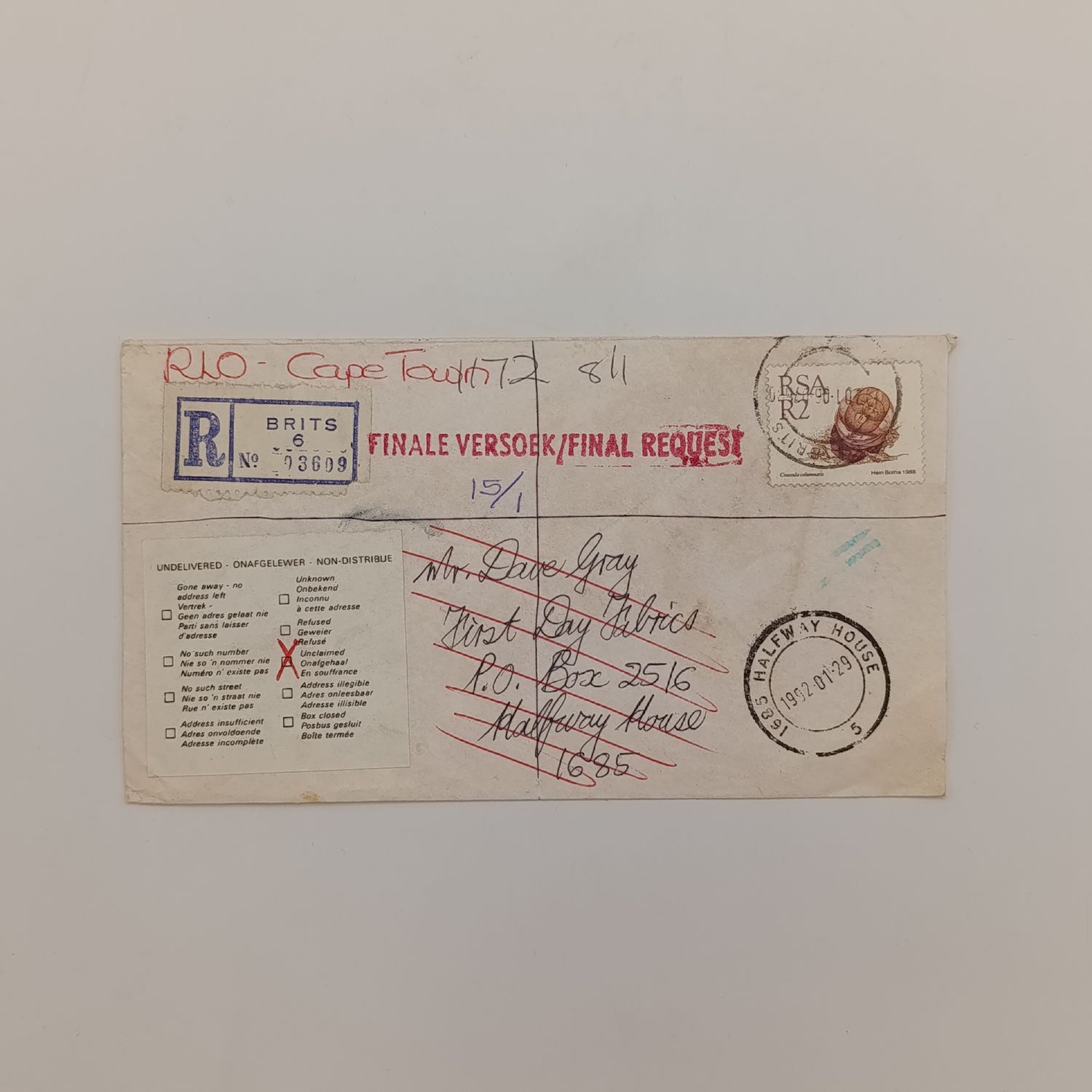 Registered Postal Cover sent from Brits to Hallway House and unclaimed - Cape Town KVOB rubber stamp at back - unclaimed sticker and final request markings in front