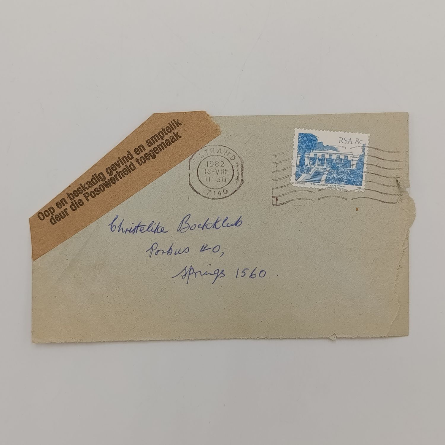 Letter posted from Strand to Springs found open or damaged and officially secured by the Post office 1982