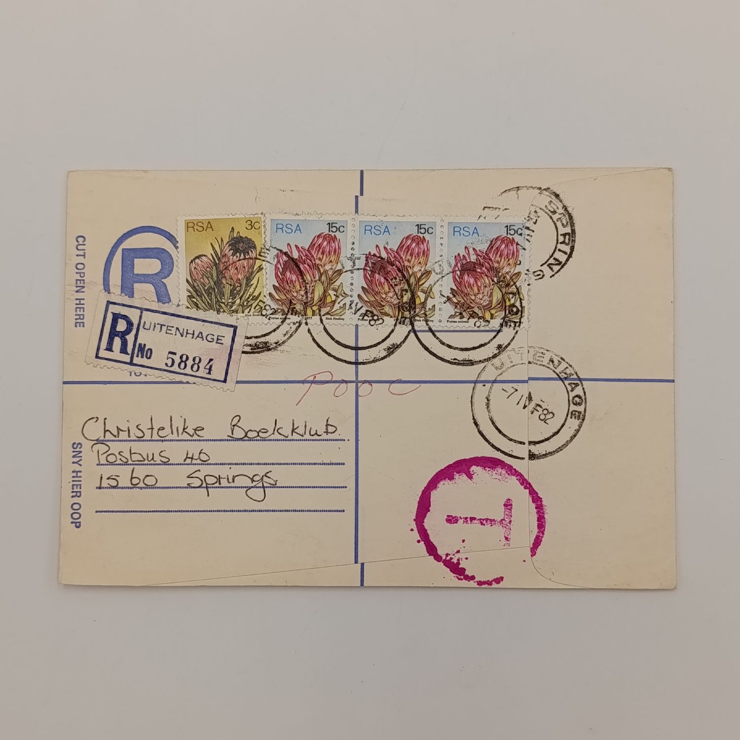 Registered cover sent from Uitenhage to Springs, South Africa 7-4-28 Taxed at Destination for insufficient postage