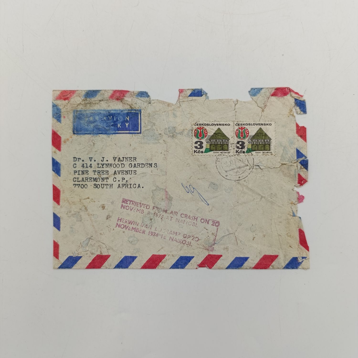 Letter posted from Czechoslovakia to Claremont, South Africa and returned from air crash November 1974 - Nairobi