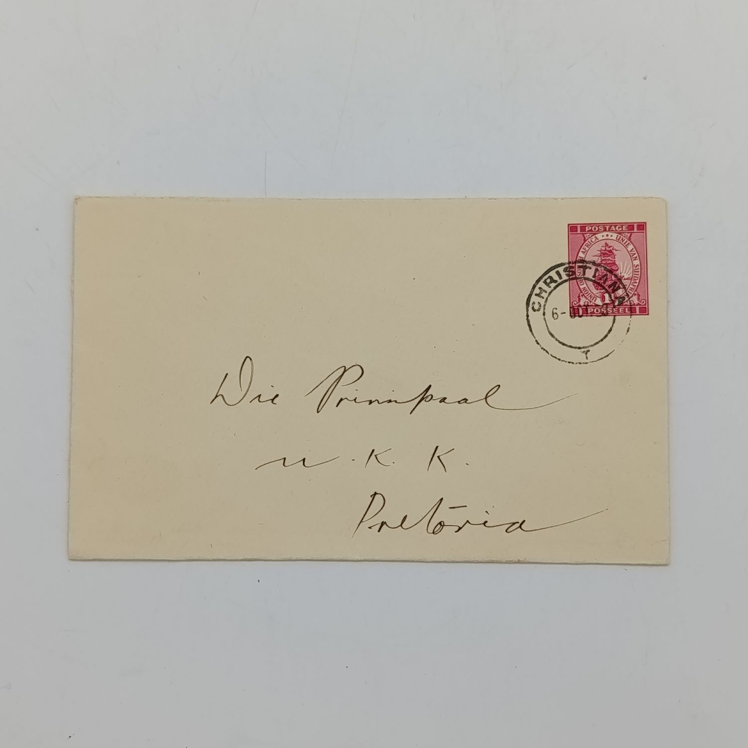 Union of South Africa preprinted Postal cover from Christiana South Africa to Pretoria South Africa 6 October 1938 with Christiana Telegram cancellation