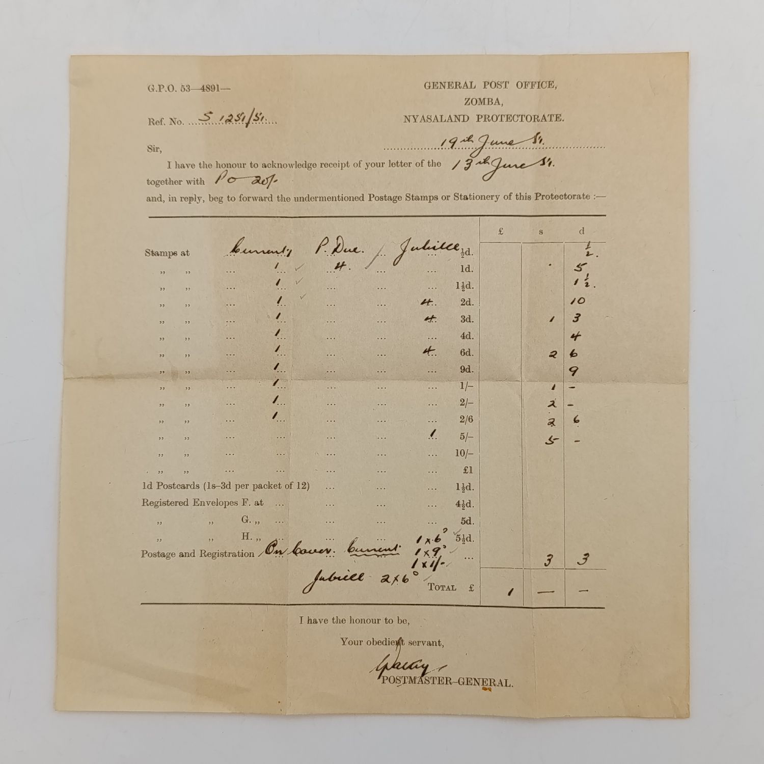 General Post office Zomba, Nyasaland Protectorate 1951 order for postage stamps