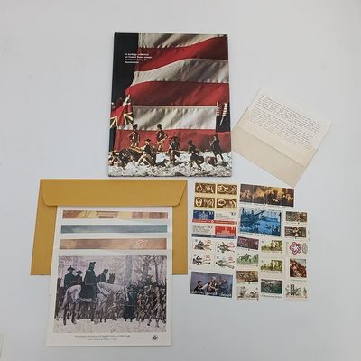 Heritage collection of United States Stamps commemorating the bicentennial - book with stamps in packet plus 4 sheets of stamps