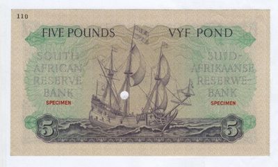 MH de Kock colour trail C67 specimen five pound banknote - Uncirculated with slight crease top left