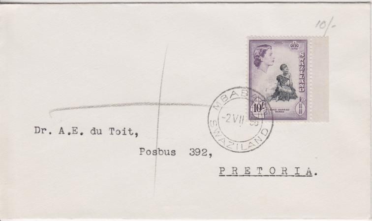 Swaziland Gibbons 63 on FDC 2 July 1956 - Ten Shillings