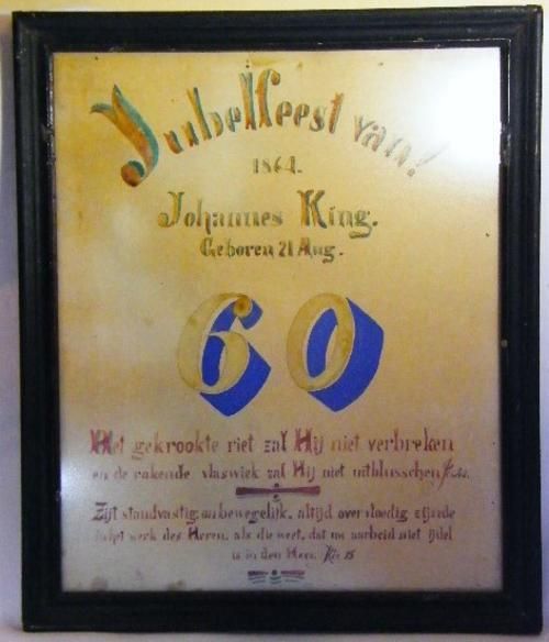 Antique birthday certificate to Johannes King for his 60th birthday on 21 August 1864 - hand drawn