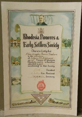 Rhodesia Pioneers and early settlers society member certificate to Alan Douglas Francis Graham