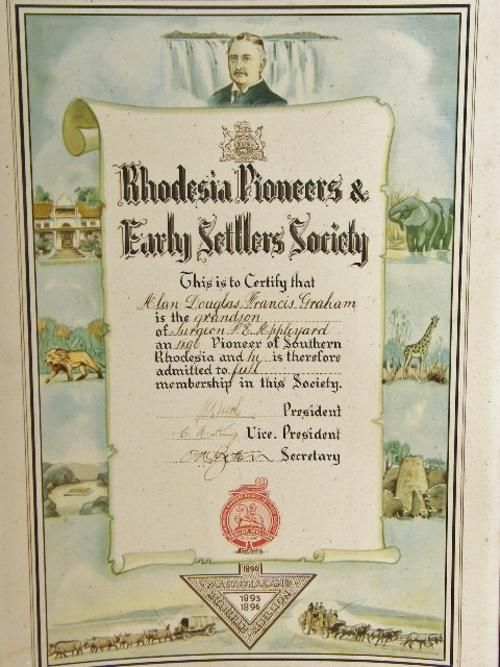 Rhodesia Pioneers and early settlers society member certificate to Alan Douglas Francis Graham