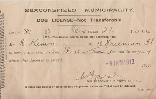 1912 Dog License - Beaconsfield municipality - License no 17