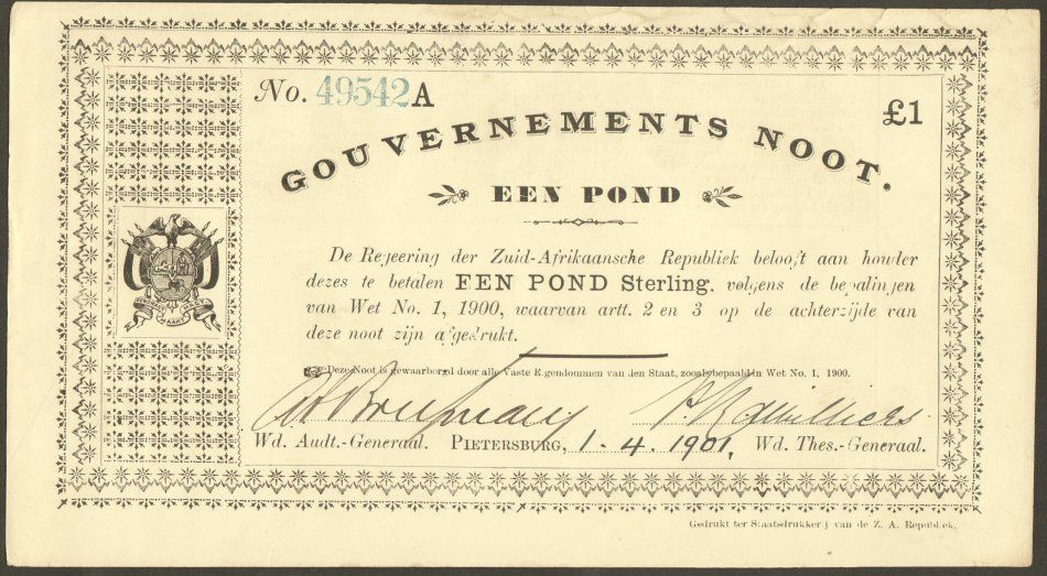 Pietersburg Governments note - One pound in near perfect condition