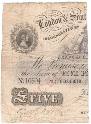LONDON &amp; SOUTH AFRICA BANK ( 1866-1877 ) FIVE POUND PORT ELIZABETH ISSUED NOTE - HALVED &amp; CANCELLED