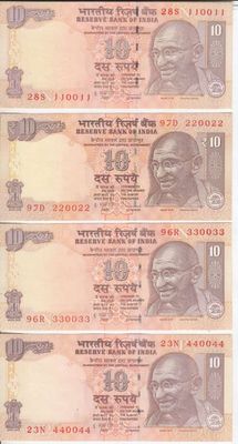 India - Lot of 9 10 Rupee banknotes with RADAR numbers - 110011 to 990099