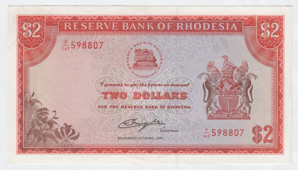 10/4/1979 Rhodesia $2 with Cecil John Rhodes watermark instead of Zimbabwe bird - UNC, centre crease