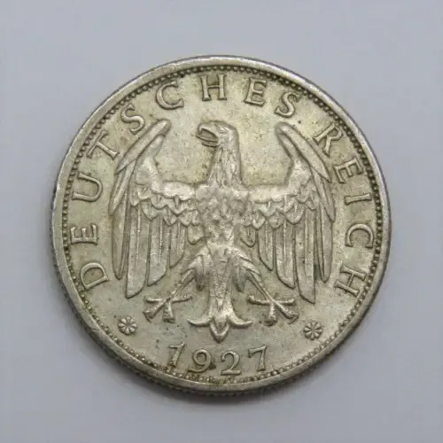 1927 J Germany Weimar Republic 2 Reichmark AU+ - Mint Lustre