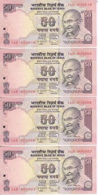India - Lot of 10x 50 Rupee banknotes with following numbere JAD000001 to JAD000010 - Uncirculated