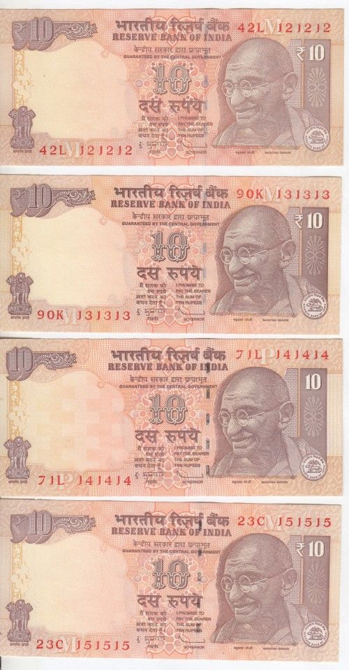 Lot of 9 India notes with number 121212, 131313, to 202020