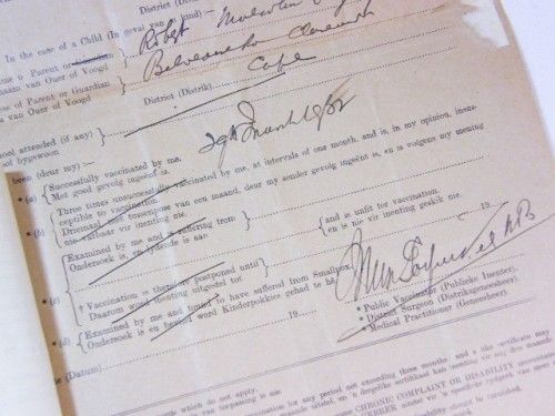 Vaccination certificate against smallpox -South Africa - Cape district 1930 for Victor Inglis