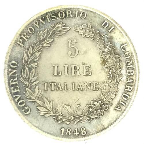 Italian States Revolutionary Provincial Government 1848 m 5 Lire - XF+