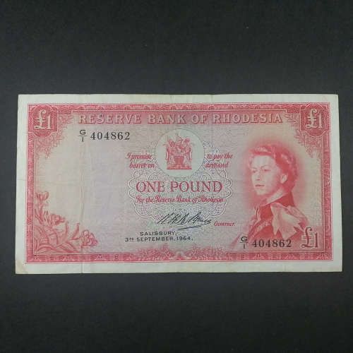 Reserve bank of Rhodesia One Pound banknote G2- Salisbury 4 September 1964 - VF+